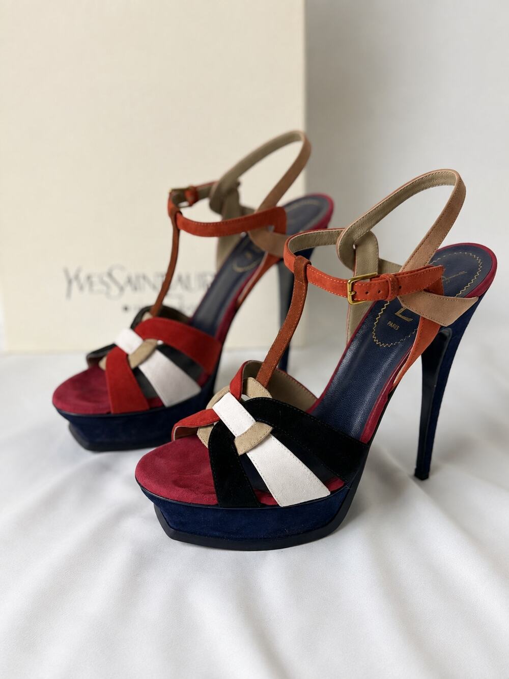 YSL Tribute 105 Multicolor Suede Platform Sandals 41 EU 11 US